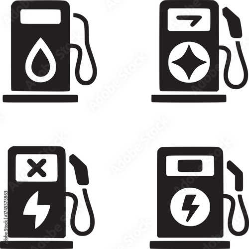 Four gas pump icons in black and white showing different types of fuel and service available here
