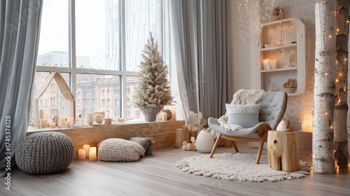 A living room with a white Christmas tree in the corner