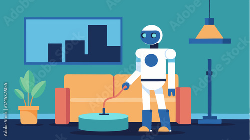 A compact service robot navigating through a modern living room intelligently responding to voice commands while performing household tasks like cleaning and organizing.