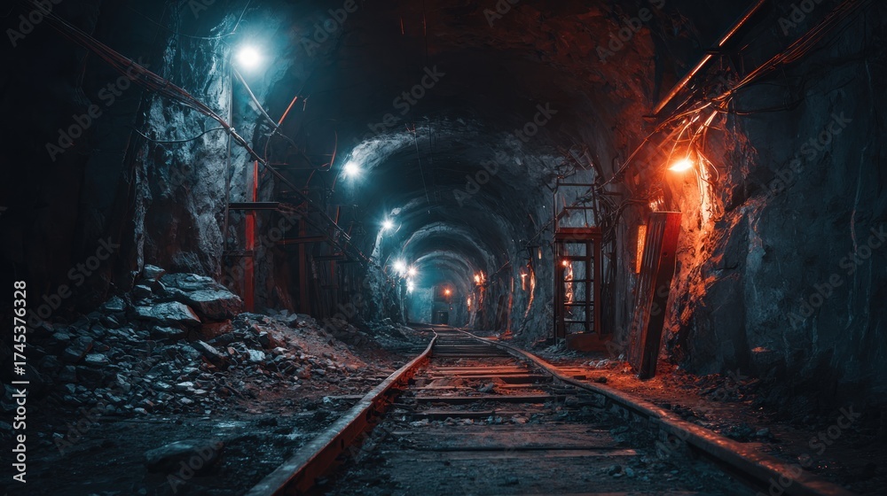 Naklejka premium Dark underground tunnel with tracks and illuminated lights