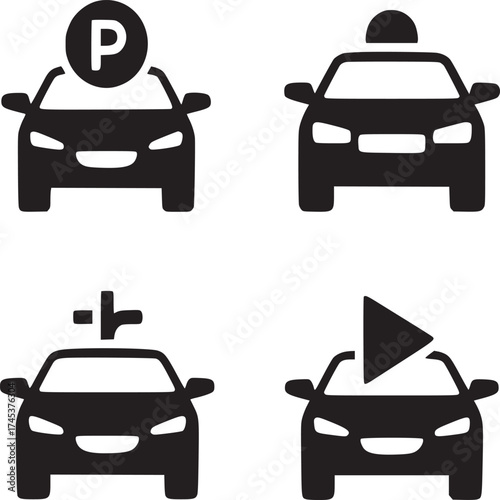 Four black car icons with parking, taxi, emergency, and play symbols on a white background graphic