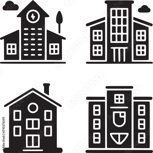 A set of four building icons in black and white featuring different architectural styles and designs
