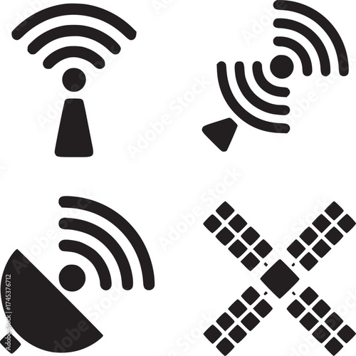 Four black communication icons showing antenna satellite dish and satellite on white background