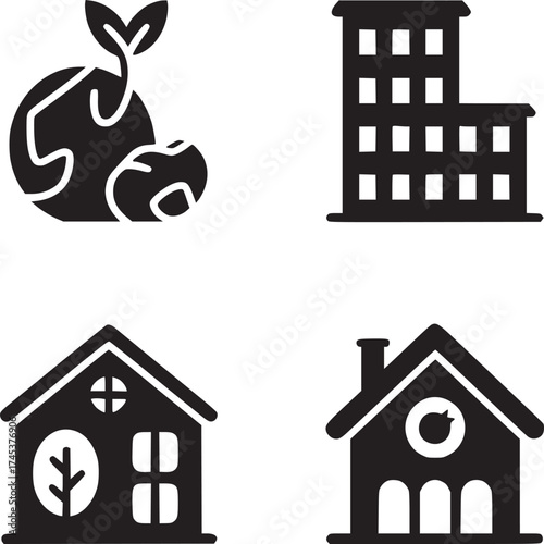 Illustration of earth with plant, building, and houses in black and white vector format