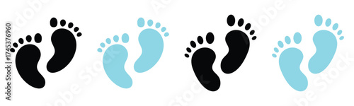 Vector isolated hand drawn baby feet icons on white background. Two colour different shapes footstep. Baby foot print icons on white page. EPS 10. 