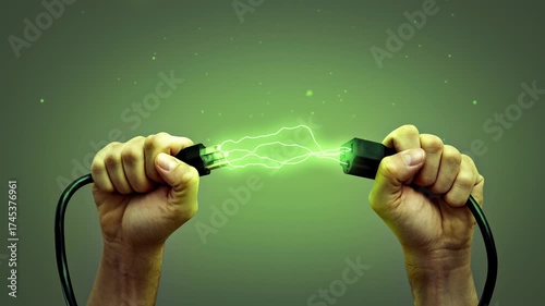 Hands Holding Power Cord with Green Energy Lightning