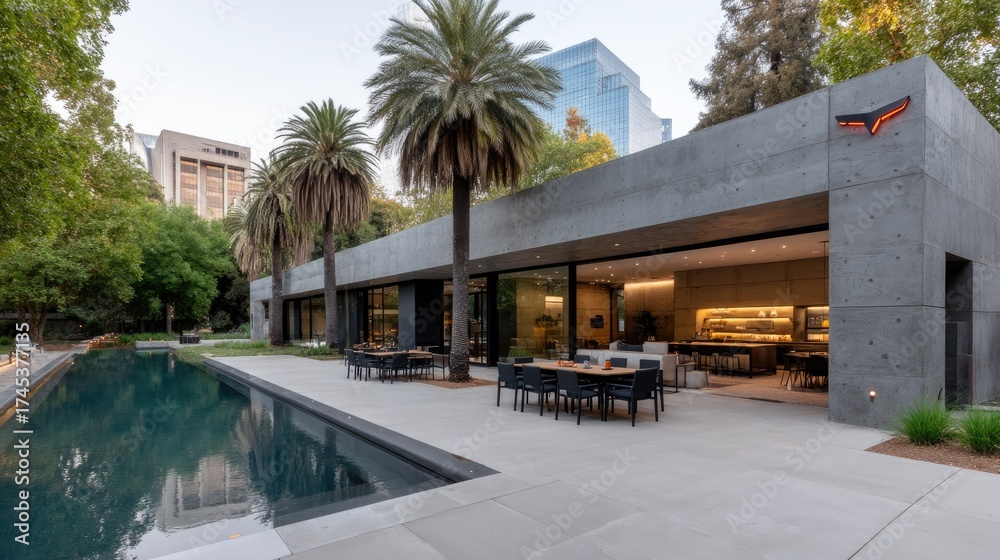 Obraz premium A luxurious backyard showcases a sparkling pool with lounge chairs, surrounded by elegant landscaping in soft evening light