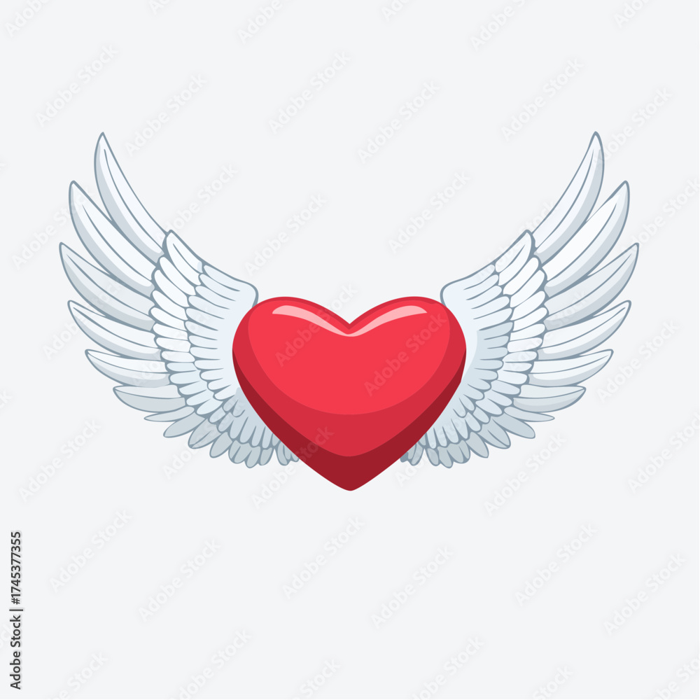 Obraz premium A vibrant red cartoon heart with a pair of open white angel wings, symbolizing love, freedom, and spirituality.