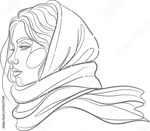 Elegant woman in headscarf line art illustration on white background
