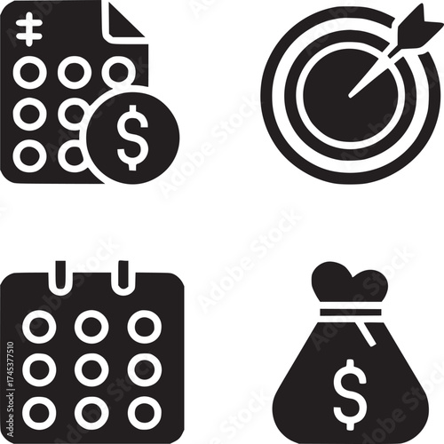 A set of four black icons showing a financial report target calendar and money bag in a square layout