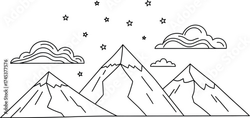 Minimalist mountain range with clouds and stars line art design