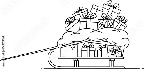 Santa's sleigh overflowing with gifts in a black and white outline