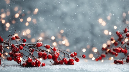 A branch of red berries is on a snowy surface
