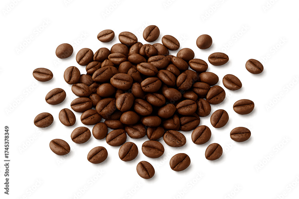 Obraz premium Isolated roasted coffee beans arranged on white background showing organic texture and richness great for cafe branding, beverage promotions, restaurant menus, and food product packaging