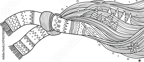 Winter scarf with trees and snowflakes coloring page for kids