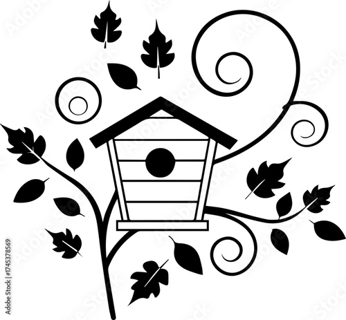 SVG vector illustration of a bird sitting on a tree with a birdhouse.Artistic Black Silhouette of Birdhouses and Branches