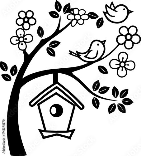 SVG vector illustration of a bird sitting on a tree with a birdhouse.Cute Birdhouse Surrounded by a Leafy Tree