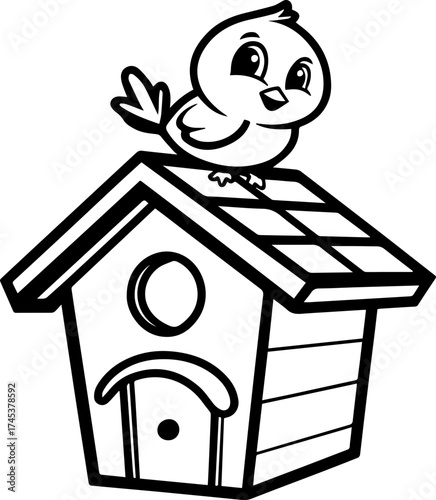 SVG vector illustration of a bird sitting on a tree with a birdhouse.Elegant Tree Design with Birdhouses and Birds