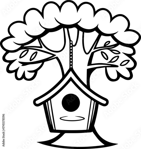 SVG vector illustration of a bird sitting on a tree with a birdhouse.Birdhouse with Birds on Tree Branches and Leaves