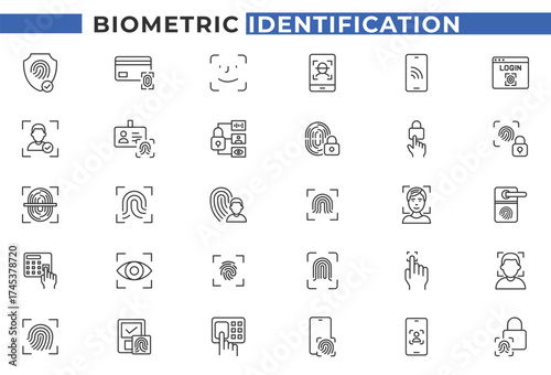Fingerprint and Biometric Identification, Access Control, and Security Line Icons. Vector Illustration Set