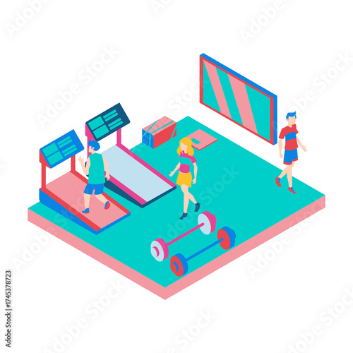95Sport. Isometric gym scene with people exercising on treadmills and weights isolated on white background.