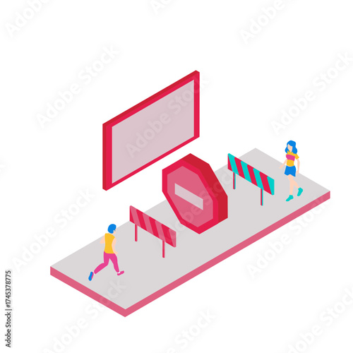 00Stopping. Isometric illustration of people overcoming obstacles and challenges isolated on white background.