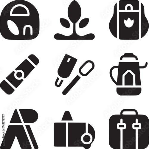A collection of camping and outdoor equipment icons displayed in a organized grid arrangement style