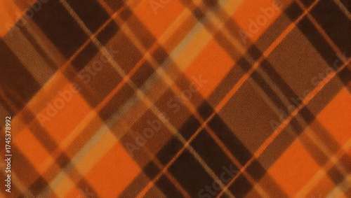 Warm-toned plaid pattern with intersecting diagonal stripes in various shades of orange & brown