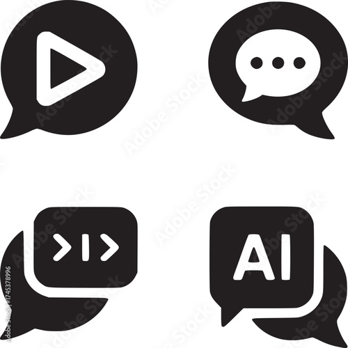 Four black speech bubbles with different icons including play, chat, code and ai symbol on white