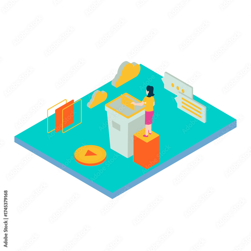 Obraz premium 9Unsubscribed. Isometric illustration of a person interacting with digital elements isolated on white background.