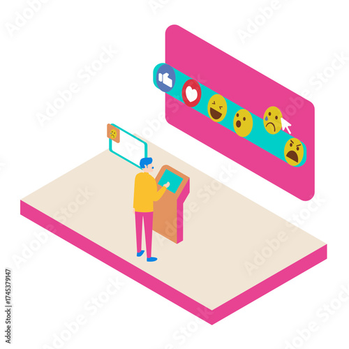 9Sad. Person interacting with a digital kiosk displaying social media reactions isolated on white background.