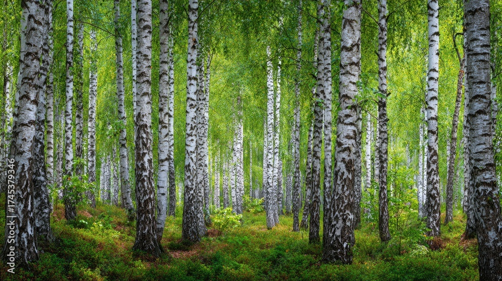Obraz premium Paper birch forest at Dawn