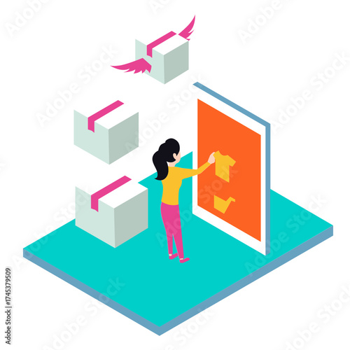 40ECommerce. Woman shopping online and receiving packages isolated on white background.