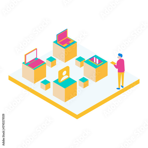 43Blockchain. Isometric illustration of a person interacting with technology displays isolated on white background.