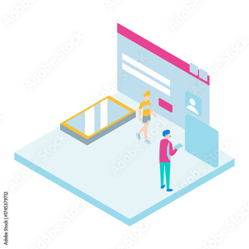 54Signup. Isometric illustration of people interacting with digital interface isolated on white background.