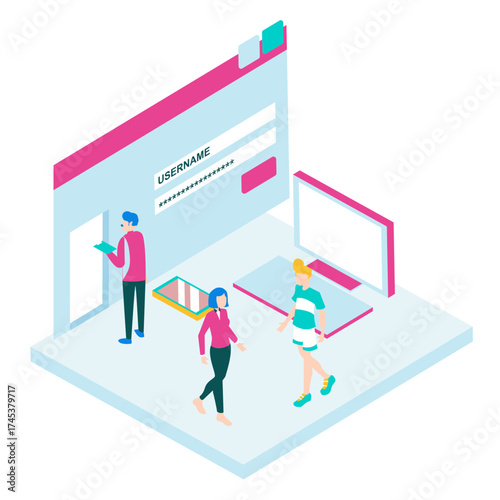 55Signin. People interacting with a digital interface for login and access isolated on white background.