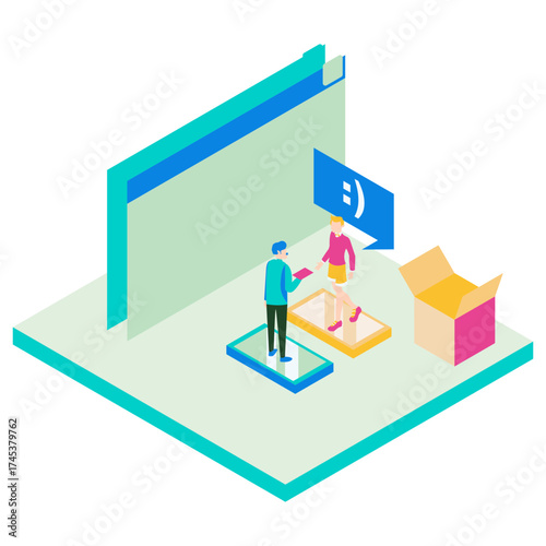 58Success. Two people interacting with a digital interface and a package isolated on white background.