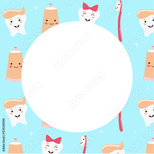 Cute template, sample, frame with teeth, toothpaste, toothbrush, social media post template, dental care items