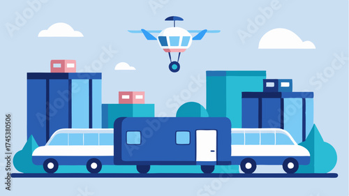 A drone landing on a transport hub with electric vehicles awaiting to further deliver packages to the final destination.