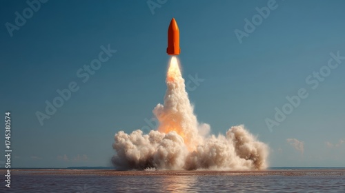 Fototapeta Naklejka Na Ścianę i Meble -  A bright twin rocket ship launches above deep blue waters with vibrant flames chasing away motion clouds,