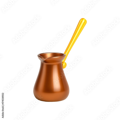 Copper turkish coffee pot with gold handle isolated on transparent background