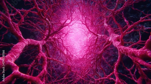 Fat and cholesterol in human blood vein concept. Abstract view of pink neural pathways revealing deep connections.