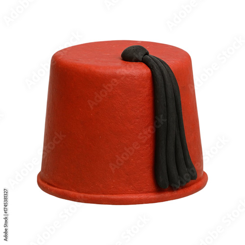 Red fez hat with black tassel isolated on transparent background