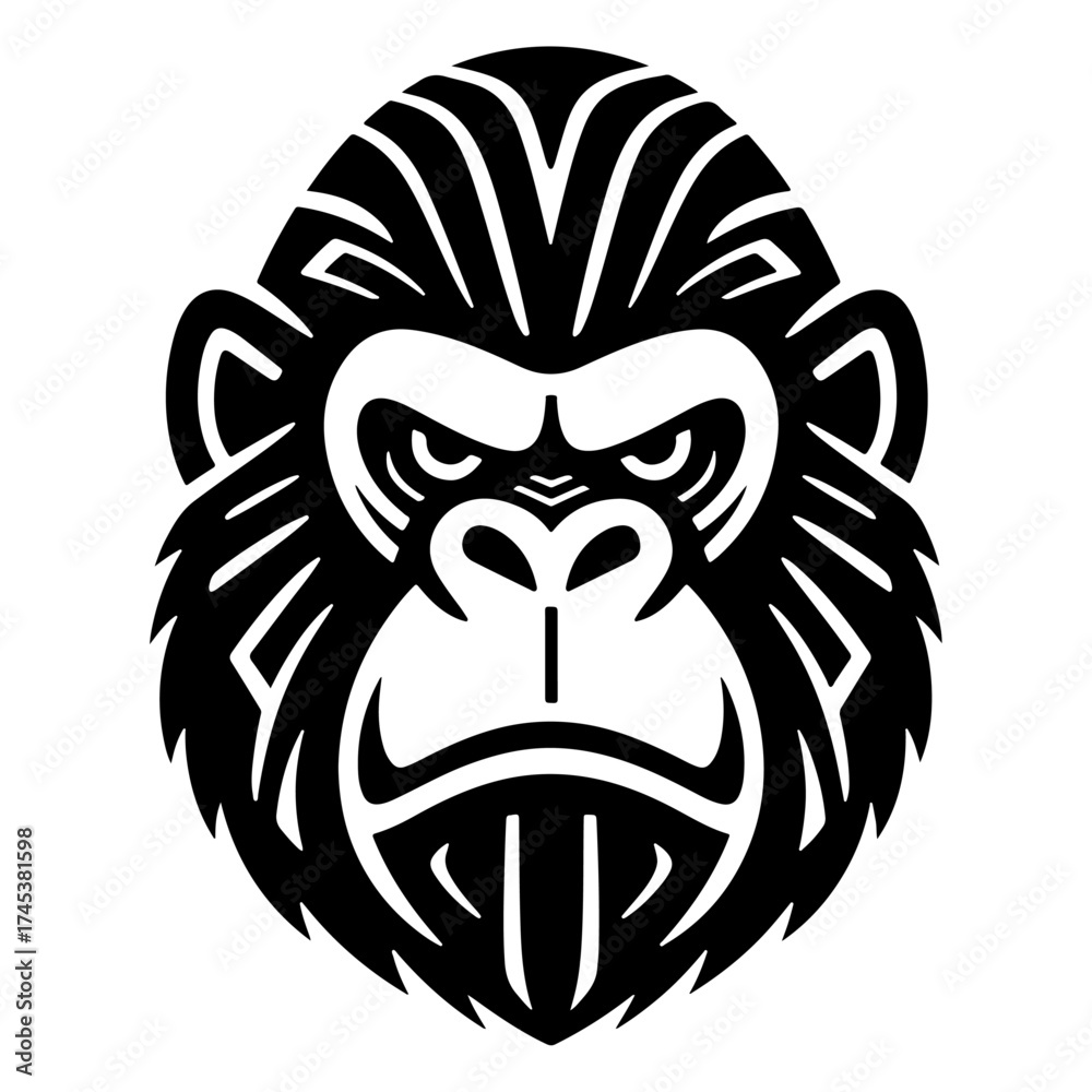 Fototapeta premium The image is a bold, black and white tribal-style vector logo of an angry gorilla's face, featuring intricate symmetrical patterns across its forehead and fur.