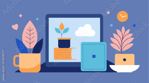 A cozy nook with a tablet showcasing a digital journal encouraging users to write about their thoughts feelings and daily gratitude surrounded by comforting objects.