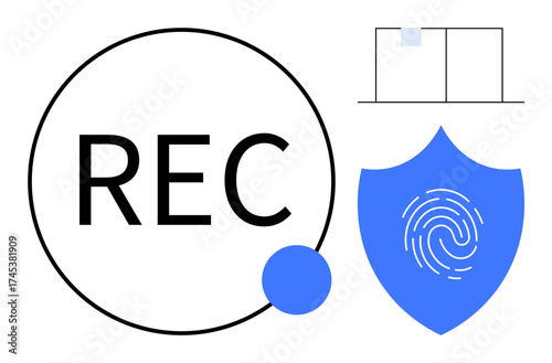REC icon in circle, blue fingerprint shield, and grid interface highlight security, privacy, recording, identity verification, or data protection. Ideal for tech, security innovation alerts app