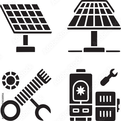 Illustration showing solar panels, a wrench, and a water heater on a white background in black and white