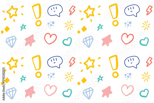 Whimsical Hand Drawn Cute Doodle Pattern with Stars Hearts and Exclamations