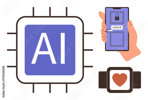 AI chip, smartphone with biometric lock, and smartwatch with heart motif signify smart technology integration. Ideal for technology, AI, security, healthcare, innovation, connectivity simple flat