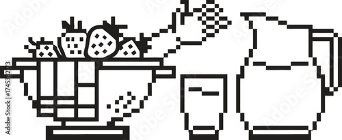 Pixel art illustration of strawberries in a colander with a pitcher and glass